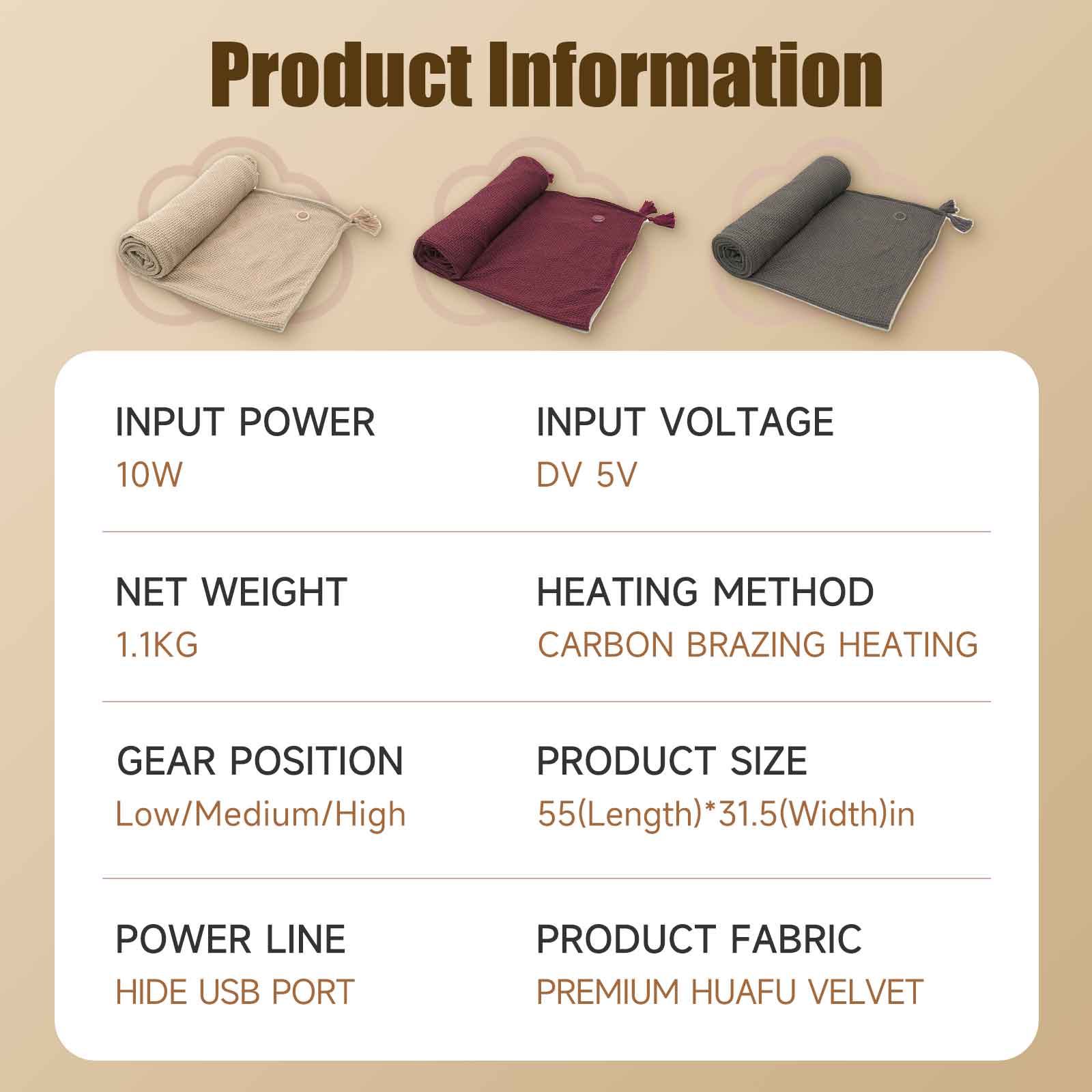 BYXAS USB Powered Wearable Heating Blanket Single Warming Shawl 3 Grades Temperature Control